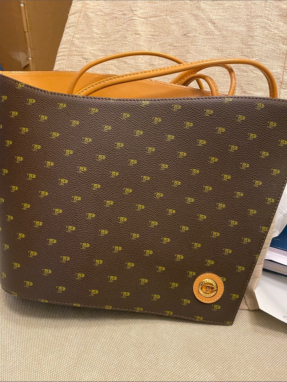 Patterned Brown Shoulder Tote with Tan Accents